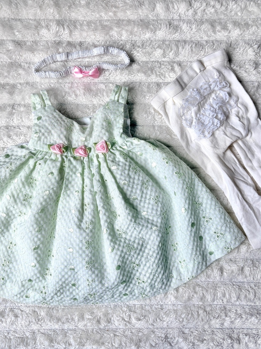 Vintage-Look Bonnie Baby Pastel Mint Eyelet Dress Set 3–6M